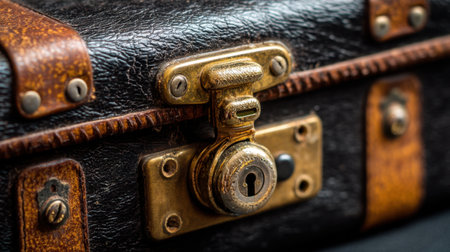 A detailed close-up image of an antique leather suitcase lock features ornate craftsmanship and a weathered design, evoking nostalgia for classic travel adventures.の素材