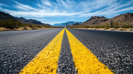 A long stretch of highway with bold yellow traffic lines, leading through a desert landscape with distant mountainsの素材