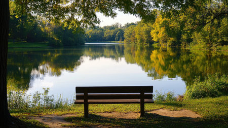 Quiet park bench by a tranquil lake with reflections of surrounding trees and a clear sky.の素材