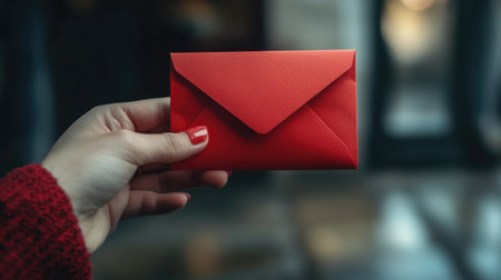 A close-up of a hand holding a red envelope, symbolizing a special message or invitation.の素材