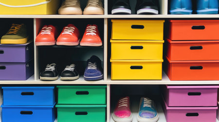A stack of colorful shoeboxes on a shelf, each box labeled with different shoe sizes.の素材