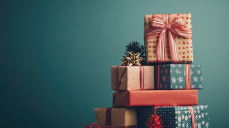 A stack of neatly wrapped gift boxes, each tied with a unique ribbon, creating a festive display.の素材