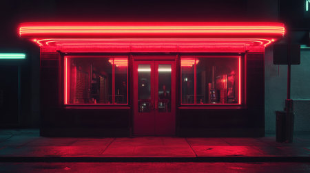 Red neon lights illuminating the entrance to a modern diner at nightの素材