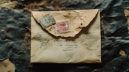 A torn envelope with a postmark and stamp, revealing a letter insideの素材