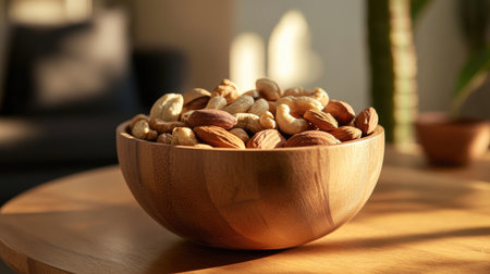 A wooden bowl filled with assorted nuts, placed on a coffee table for a snack.の素材