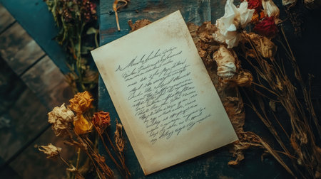 An envelope with a handwritten letter resting on a table, with dried flowers beside it.の素材