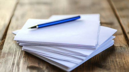 A stack of unopened white envelopes with a blue pen on top, arranged neatly on a wooden table.の素材