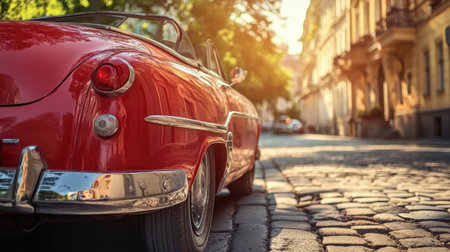 A vintage red car parked along a sunlit street, evoking nostalgia and timeless style.の素材