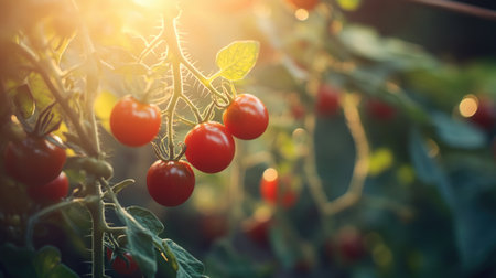 Red cherry tomatoes growing on a vine, glowing under natural sunlight in a garden.の素材