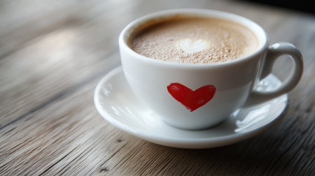 Red lipstick mark on a white coffee cup, symbolizing a morning coffee break in a relaxed atmosphere.の素材