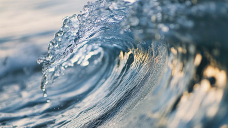 A close-up shot of a curling wave, capturing the intricate details of the water's surface.の素材