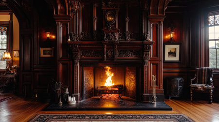 A grand fireplace in a historic home, with ornate details and a roaring fire inside.の素材