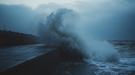 A powerful wave crashing against a seawall during a storm, with water spraying into the air.の素材