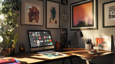 A stylish creative workspace with a graphic tablet, design books, and motivational art on the walls.の素材