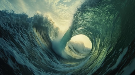 A perfect barrel wave in the ocean, showcasing the power and beauty of nature in motionの素材