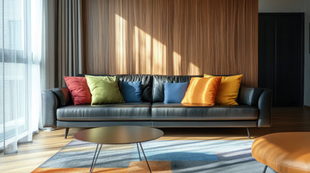 A sleek leather sofa in a modern living room, accented with colorful throw pillows and a cozy rug.の素材