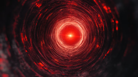 Dark abstract tunnel with glowing red light at the center, evoking mystery and depth.の素材