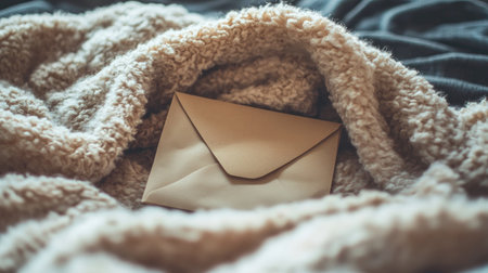 An opened envelope with a heartfelt letter inside, resting on a soft, cozy blanketの素材