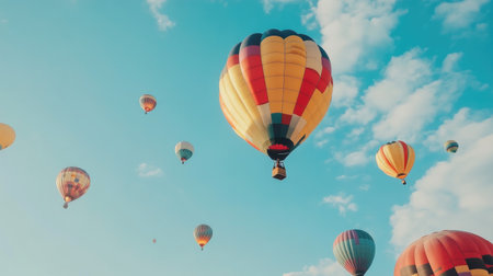 A hot air balloon festival with colorful balloons filling the sky, showcasing the joy of flying together.の素材