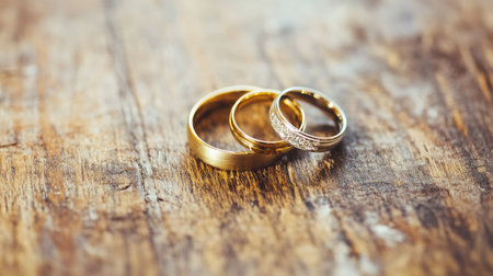A pair of wedding rings placed together on a wooden table, symbolizing commitment and partnershipの素材