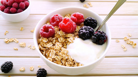 A bowl of granola topped with fresh berries and yogurt, emphasizing the health benefits of grainsの素材
