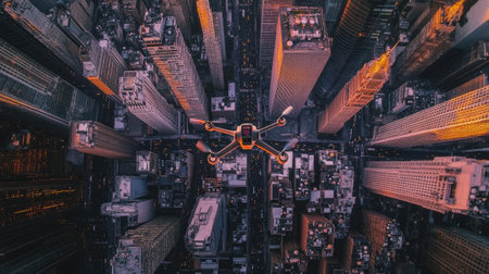 A drone flying over a bustling city, capturing the energy and vibrancy of urban life from above.の素材