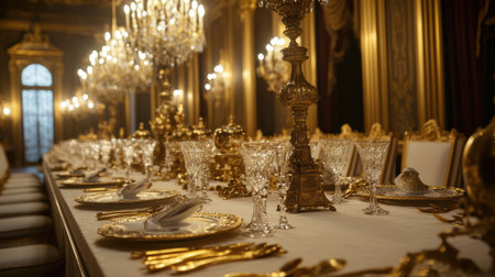 A grand dining table set for a banquet in a royal palace, complete with chandeliers and gold cutlery.の素材