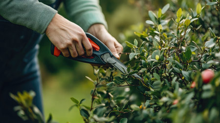 A gardener pruning branches with shears, cutting through a bush to maintain shape.の素材