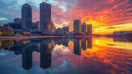 A stunning sunset view over a waterfront skyline, highlighting buildings reflected in the water as day turns to night.の素材