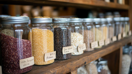 A variety of grains displayed in glass jars with labels, emphasizing the diversity of healthy options.の素材