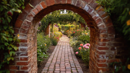 A brick archway leading into a vibrant garden, inviting exploration and enjoyment of nature.の素材