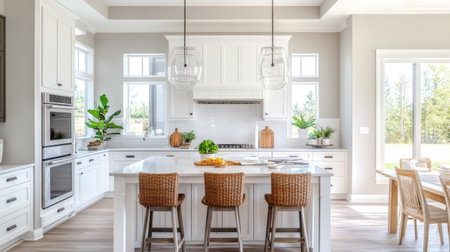 A bright, modern kitchen with natural light pouring in, showcasing culinary creativity and design.の素材