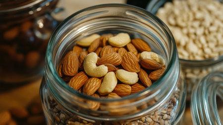 A close-up of magnesium-rich nuts and seeds in a glass jar, highlighting healthy snacking options.の素材