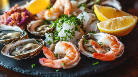 Close-up of seafood platter on a dark slate plate, featuring oysters, shrimp, and lemon wedges -の素材