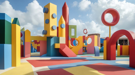 A lively geometric playground featuring colorful shapes and structures for children to explore.の素材