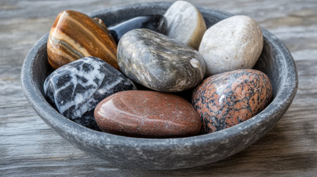Polished stones in a decorative dish, creating a calm and minimalist display -の素材