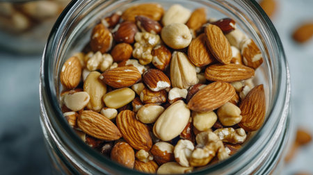 A close-up of magnesium-rich nuts and seeds in a glass jar, highlighting healthy snacking options.の素材