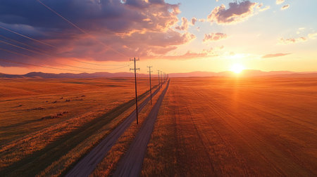 Long shadows of power lines stretching across a rural field during sunset, creating a stark contrast with the skyの素材