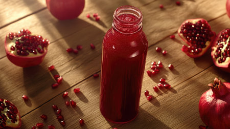 A bottle of fresh pomegranate juice on a wooden surface with pomegranate seeds scattered around, evoking a sense of health and natural goodnessの素材