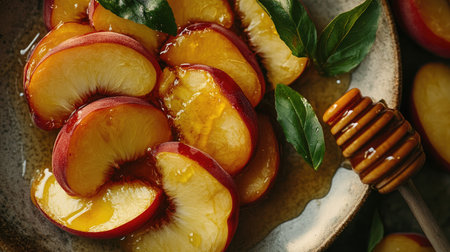 A close-up of freshly sliced peaches arranged on a plate with honey drizzled over them, capturing the sweet essence of summerの素材