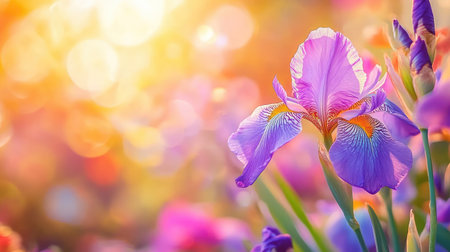 A close-up of purple iris flowers blooming in a garden, with their delicate petals and vibrant colors creating a stunning natural displayの素材