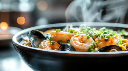 A close-up of a steaming bowl of ramen noodles with shrimp, scallops, and mussels, served in a flavorful miso broth with seaweed and scallionsの素材