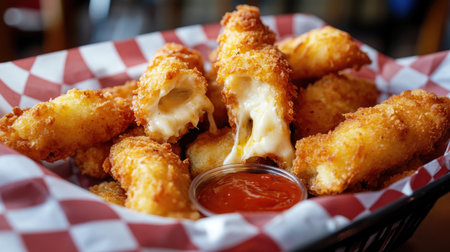 A heaping basket of crispy fried mozzarella sticks, oozing with melted cheese, served with marinara dipping sauce on a checkered tableclothの素材
