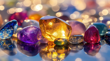 Beautiful arrangement of polished gemstones, with colorful reflections under a soft lightの素材