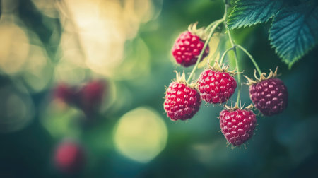 Raspberries growing on a vine, with the soft focus of the garden in the background, capturing the natural beauty and ripeness of the berriesの素材