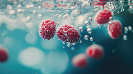 Raspberries floating in water with bubbles, creating a fresh and lively scene of fruit infused in a refreshing drink, with clear, sparkling waterの素材