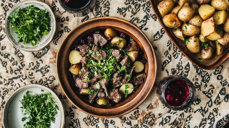 A top-down view of reindeer with roasted beets, potatoes, and a lingonberry reduction, placed on a textured, rustic tablecloth for a cozy mealの素材