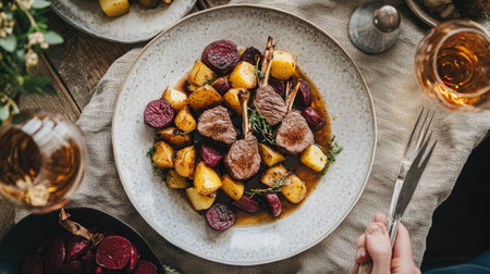 A top-down view of reindeer with roasted beets, potatoes, and a lingonberry reduction, placed on a textured, rustic tablecloth for a cozy mealの素材