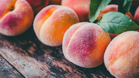 Close-up of ripe, juicy peaches with soft fuzzy skin, resting on a rustic wooden table with morning sunlight highlighting their vibrant pink-orange hueの素材