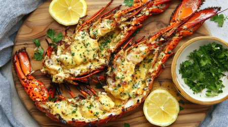 Grilled lobster tail with garlic butter and herbs, served with lemon wedges on a wooden boardの素材
